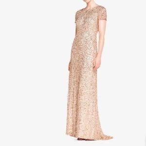 Adrianna Papell Scoop Back Sequin Gown in Champagne/Gold, Size 18